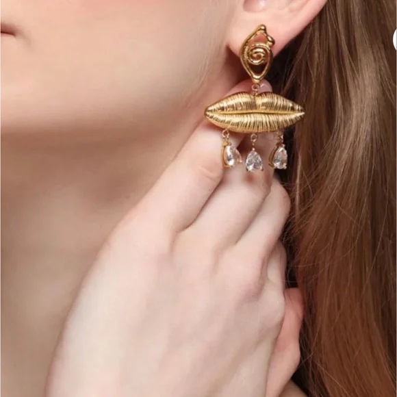 Women's Anthropologie Gold Lip Drop Earrings with Clear Stones, One Size - Picture 2 of 5